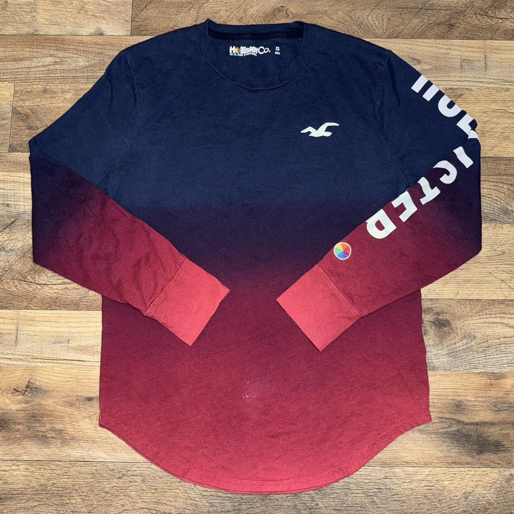 Hollister Mens XS Long Sleeve Ombre T-Shirt Navy Red Gradient Logo Graphic Tee
